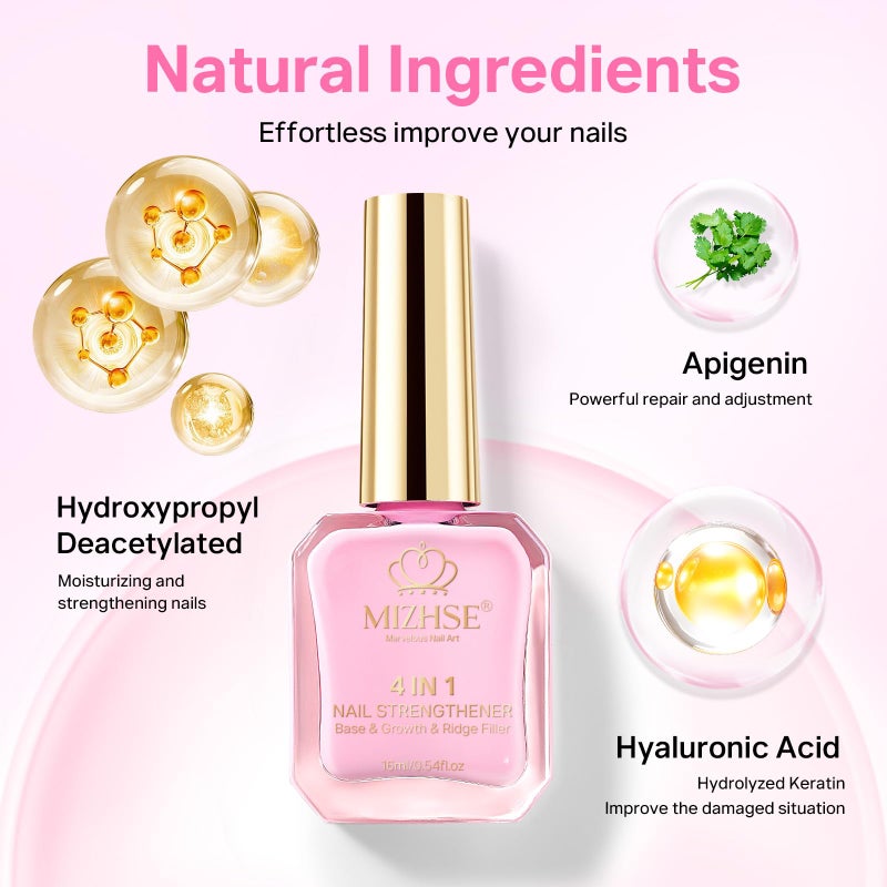 MIZHSE Nail Strengthener and Growth Nail Hardener Extra Strong and Growth, Nail Repair for Thin and Damaged Nails, Concealer Ridge Filler Foundation Polish Pink 16ML - Image 3